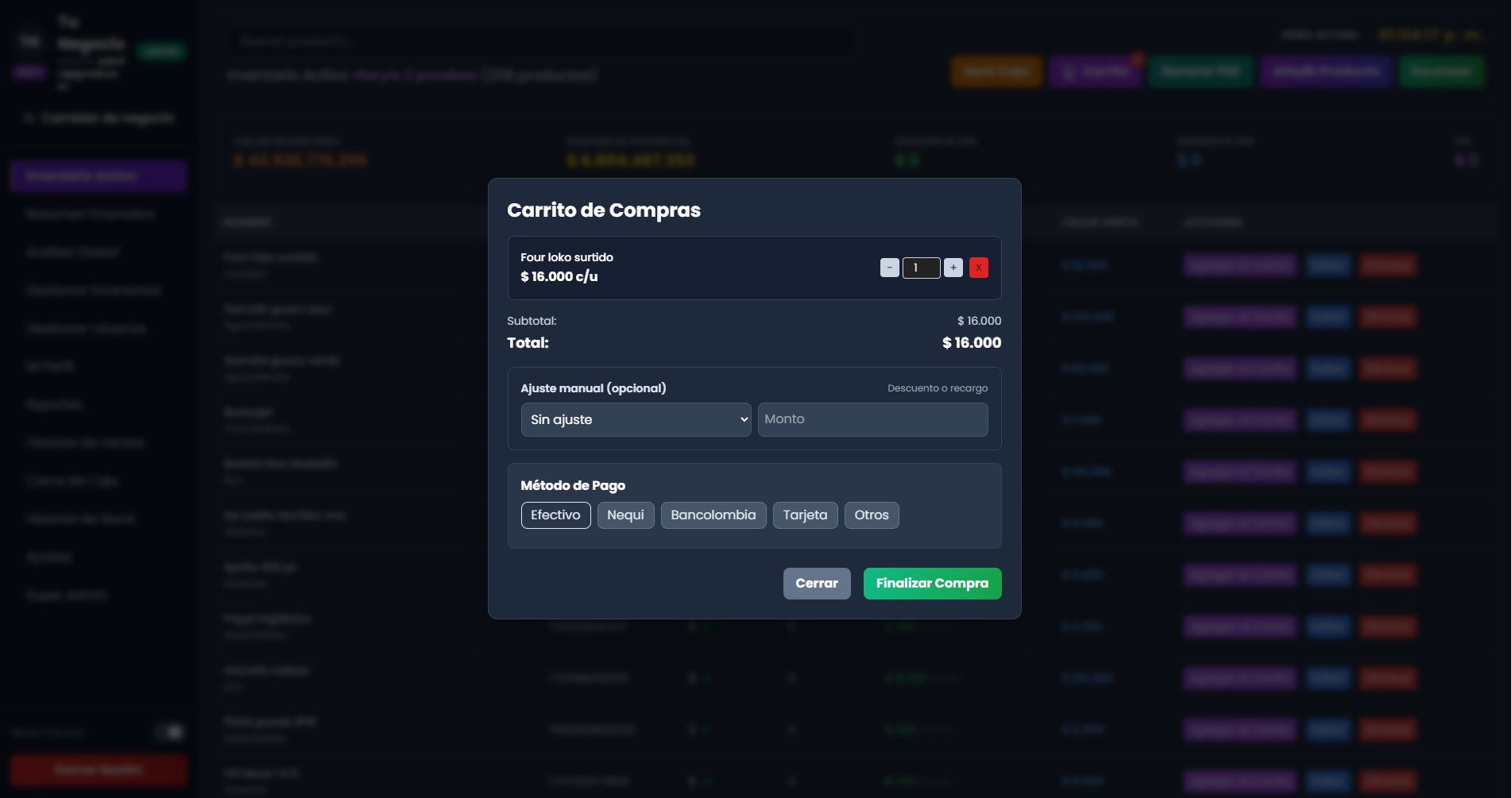 Captura de la pantalla de ventas